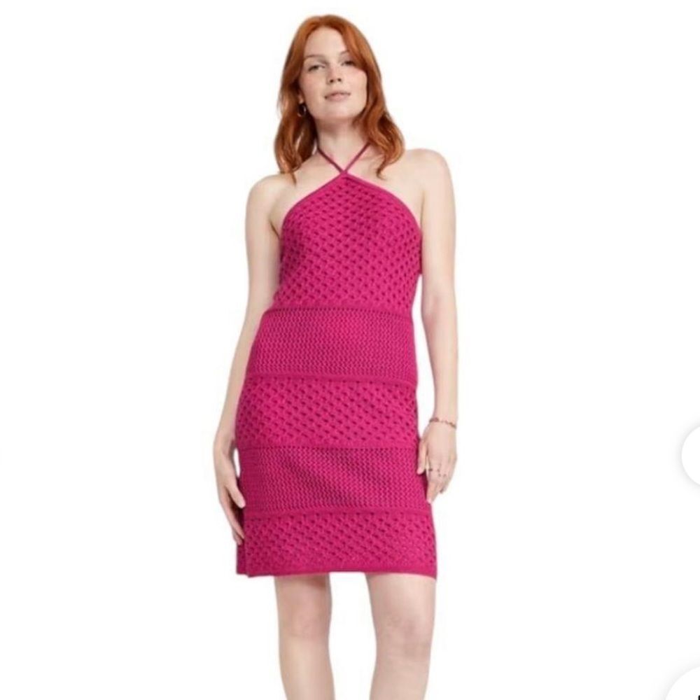 Old Navy Size Small Halter Crochet Mini Dress Dragon Fruit Pink 100% cotton
